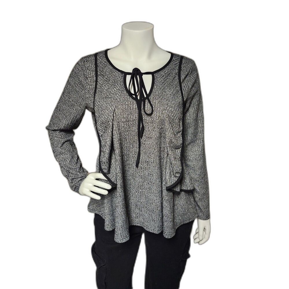 Women's Gray with Black Piping Ruffle Edge Tie Front Long Sleeve Shirt
